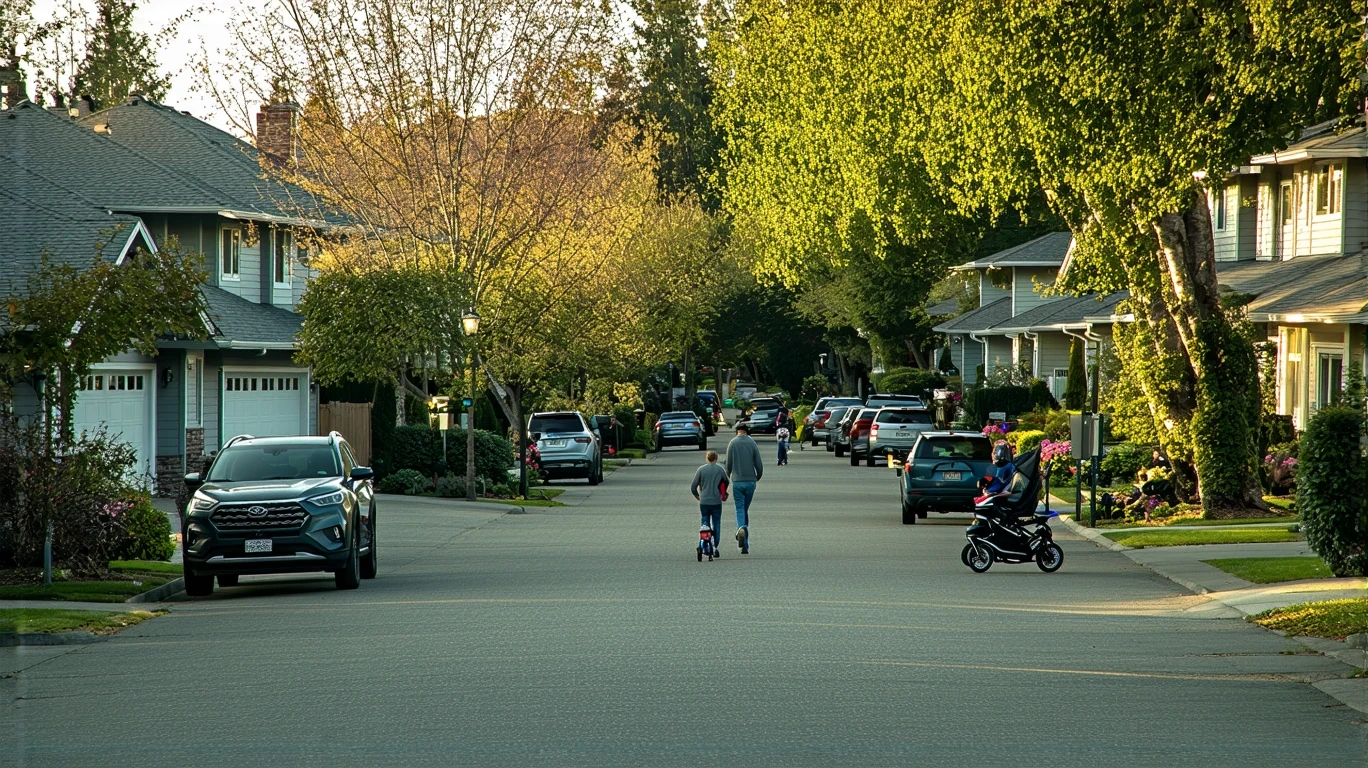 A residential street in Kent, WA with craftsman homes, a young family walking, and parked cars on a sunny day.