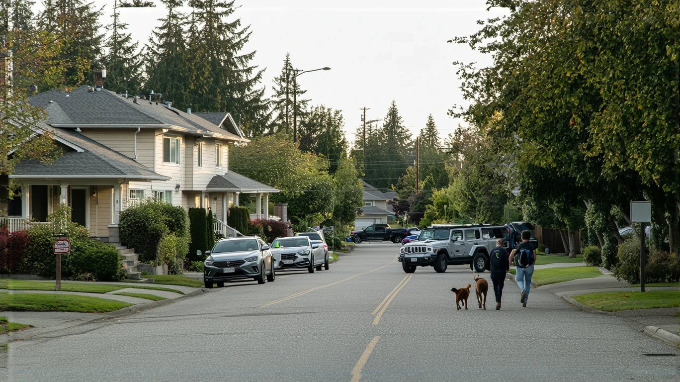 A couple walks their dog on a sidewalk past craftsman homes on a residential street in Everett, Washington.