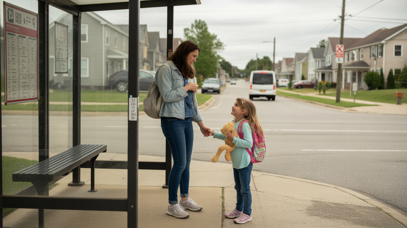 Mother and young daughter waiting for the bus together at a suburban stop in Kannapolis, NC on a cloudy day.
