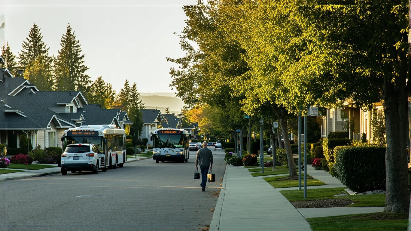 A man walks on a sidewalk past craftsman homes in Redmond, Washington, with a public transit bus driving by in the background.