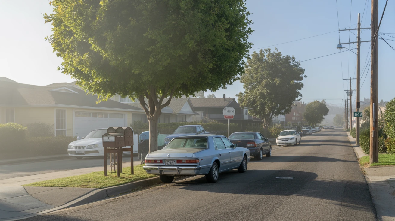 Foggy morning street in Oceanside California with mailboxes and parked car under tree