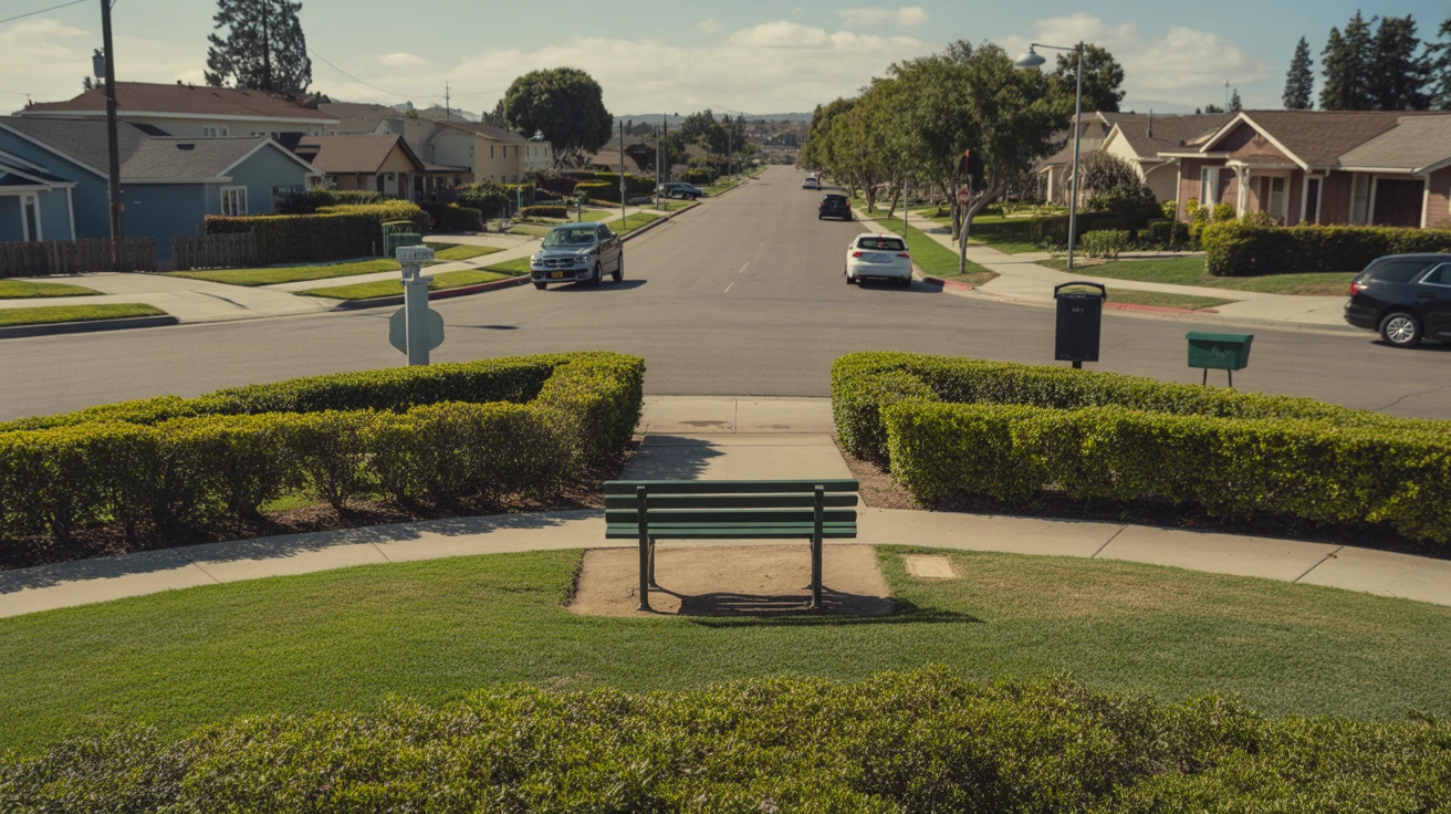 Neighborhood park in El Cajon with manicured hedges, path, and bench viewed from across street