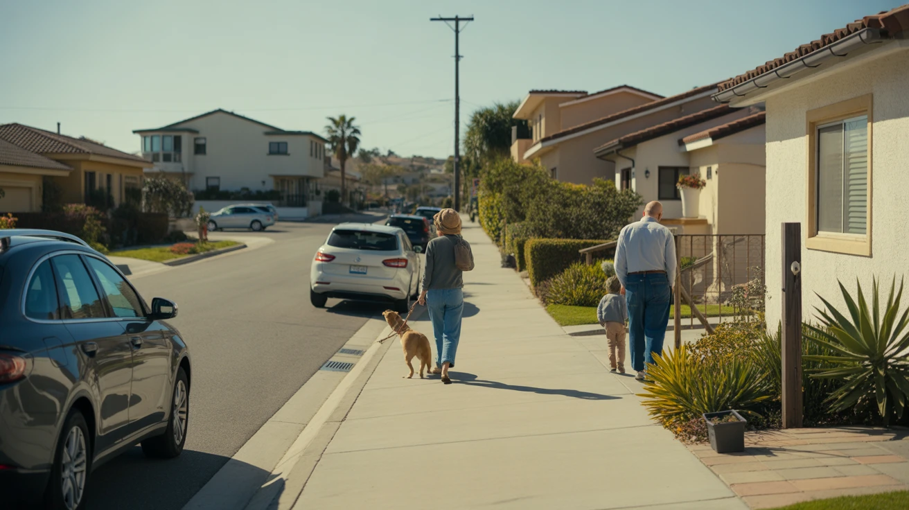 A sunny residential street in National City, California lined with modern single-family homes and parked cars.