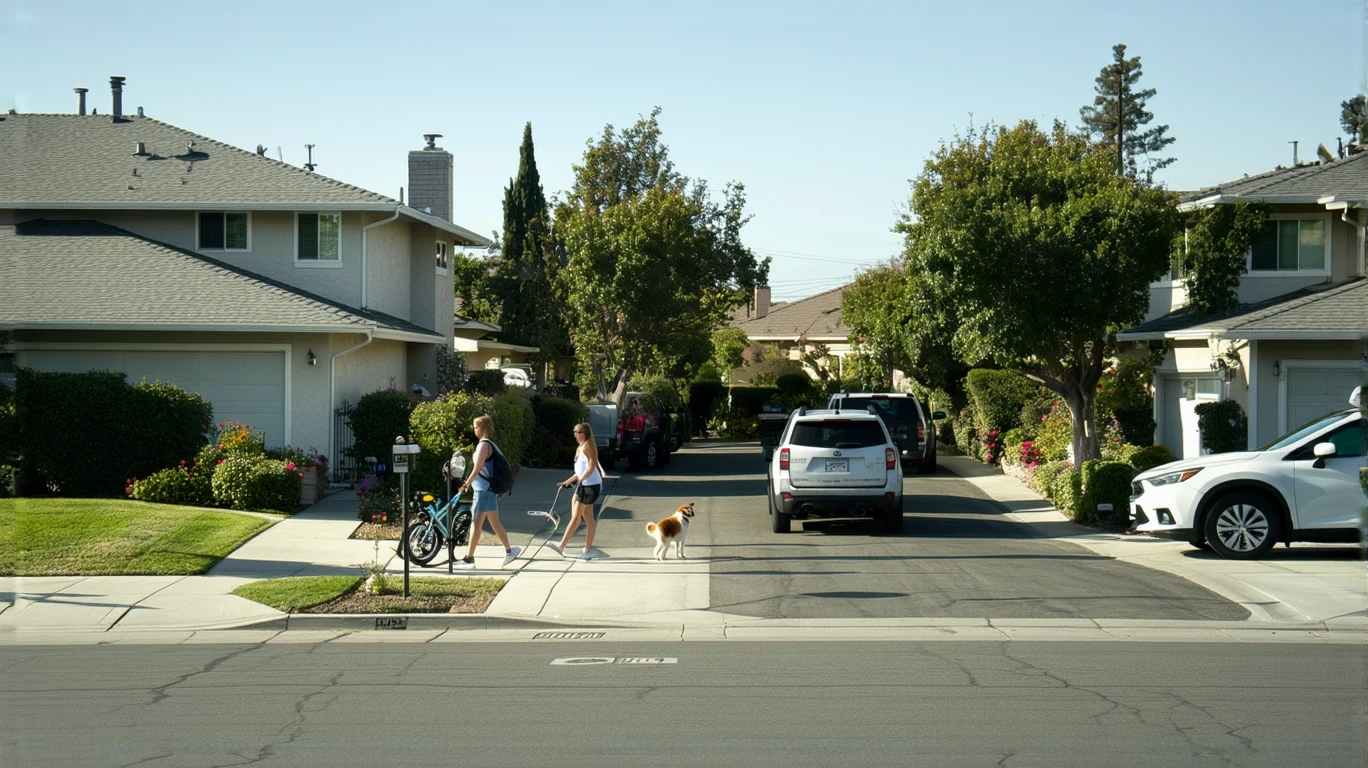 A woman walks her dog past a parked car on a residential street in Escondido, California lined with modest single-family homes and tidy drought-tolerant landscaping.
