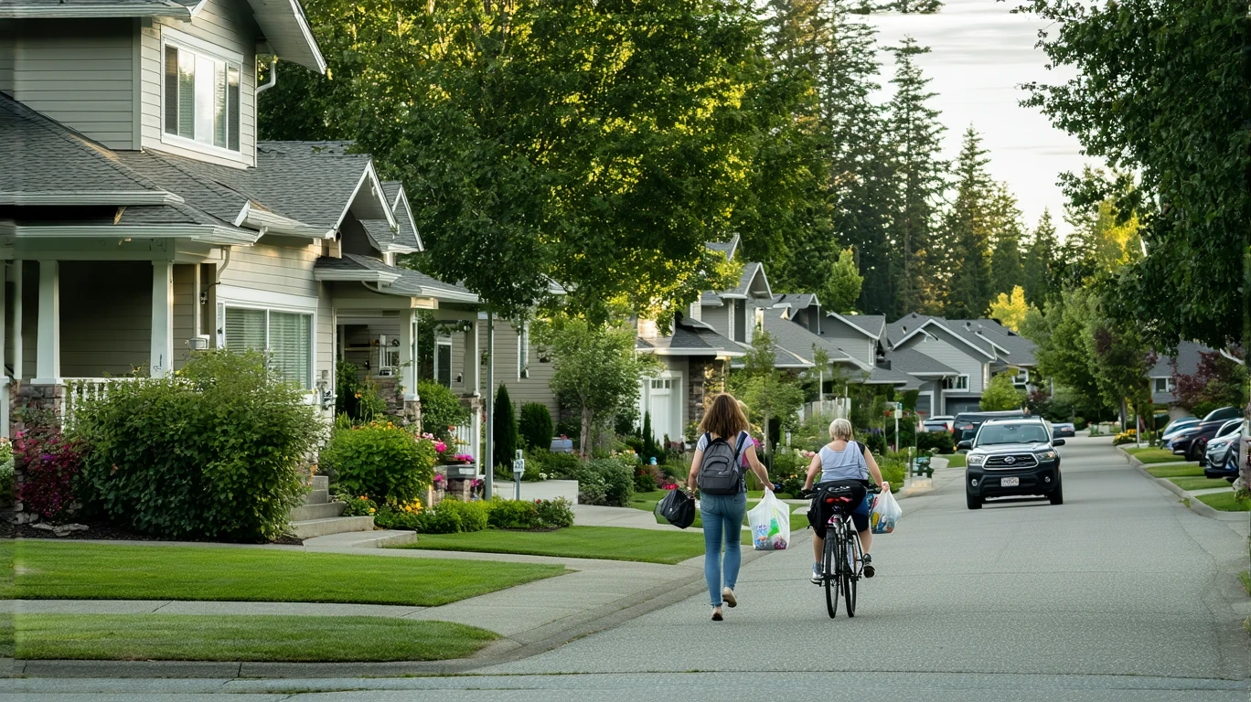 Suburban street in Redmond, WA with craftsman homes and woman carrying groceries