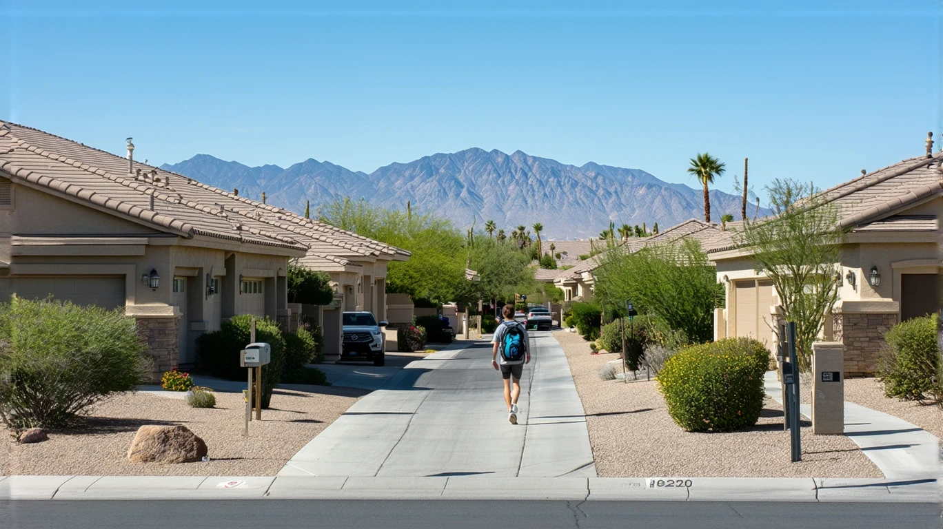 A college student walking down a residential street in Phoenix, Arizona with desert landscaping and mountains in the background.