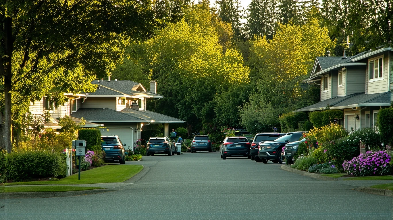 Tidy craftsman homes and landscaped yards line a residential street in Lynnwood, WA on a sunny day