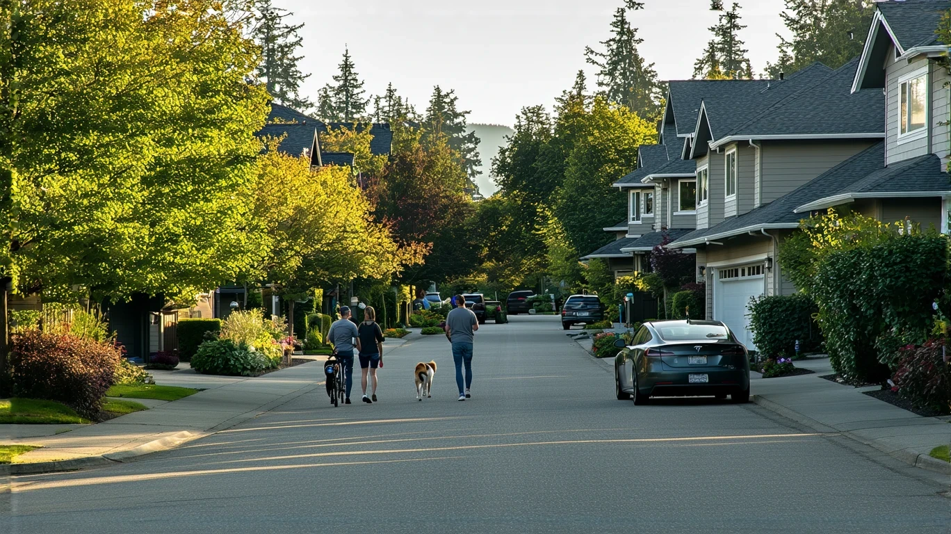 A couple walking their dog on a sidewalk in a suburban Kirkland neighborhood with craftsman-style homes and an electric car parked in a driveway.