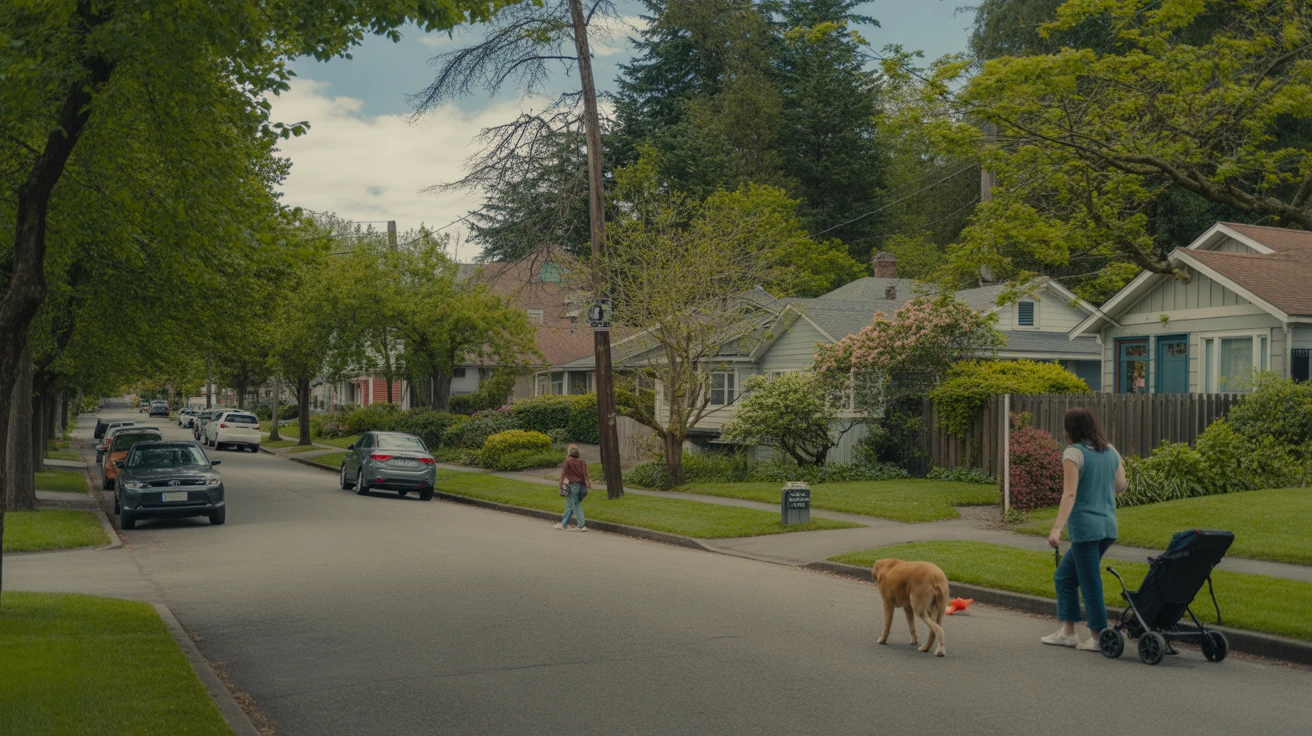 A peaceful residential street in Seattle lined with craftsman homes and parked cars.