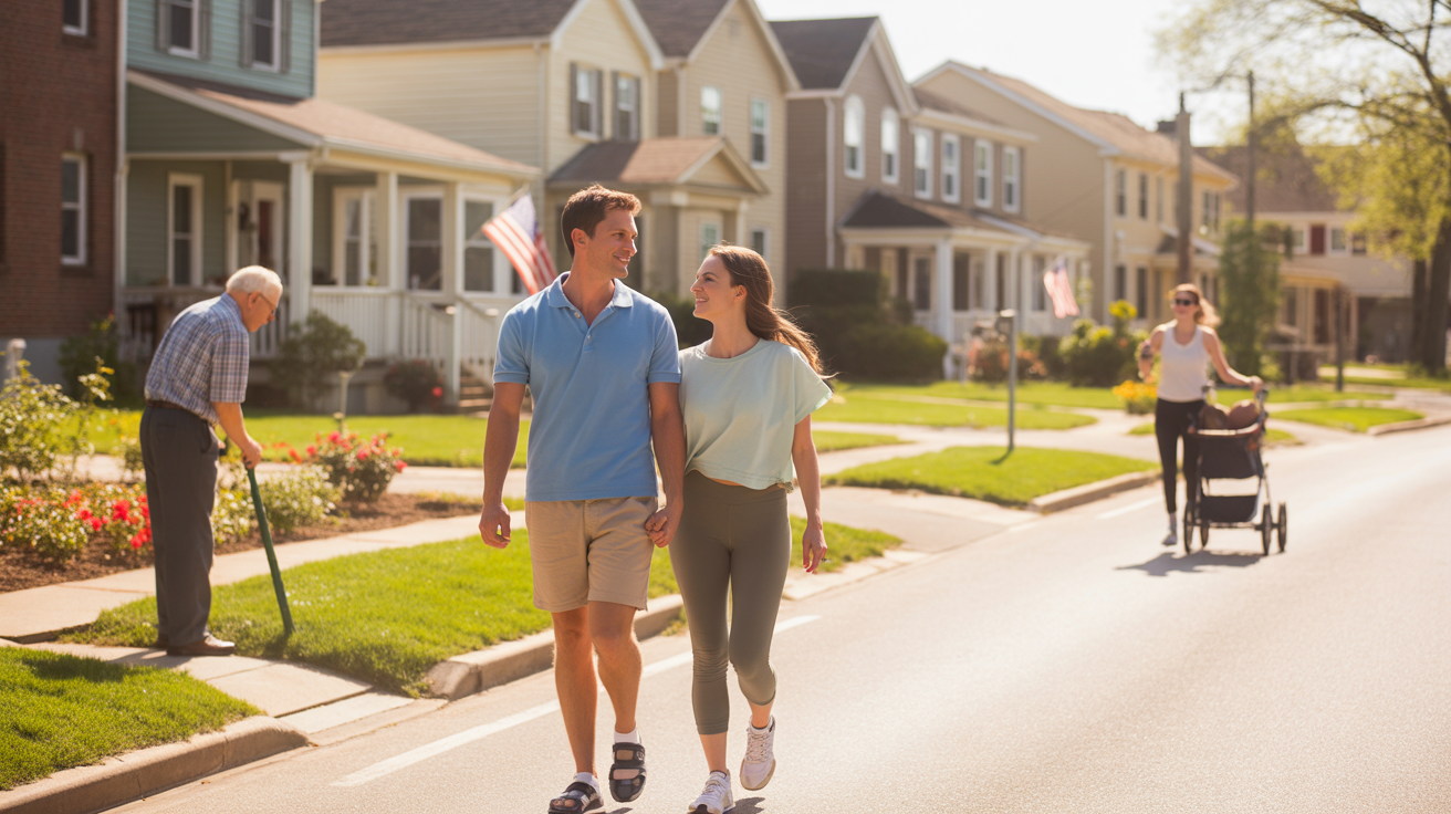 A couple takes a morning walk through their quiet suburban neighborhood in Lyndon, KY.