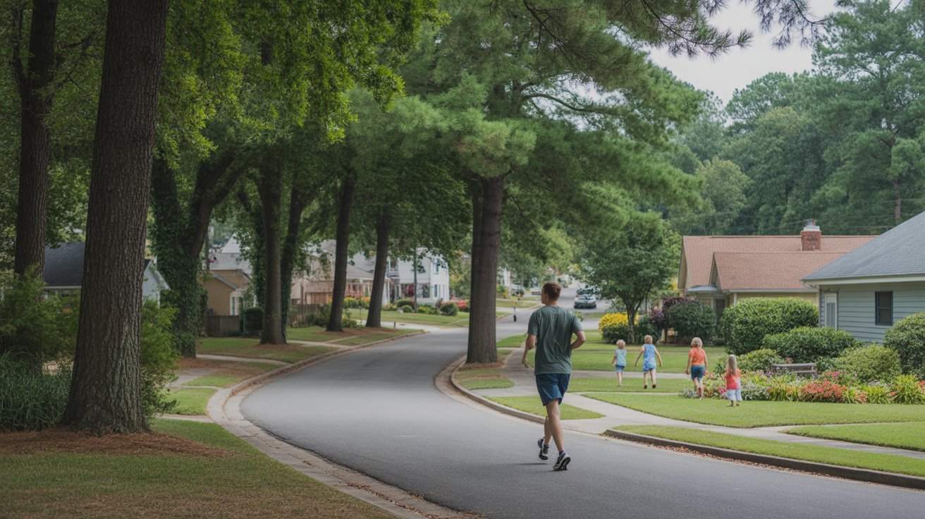 Quiet tree-lined street in Wake Forest, NC with jogger and glimpse of homes
