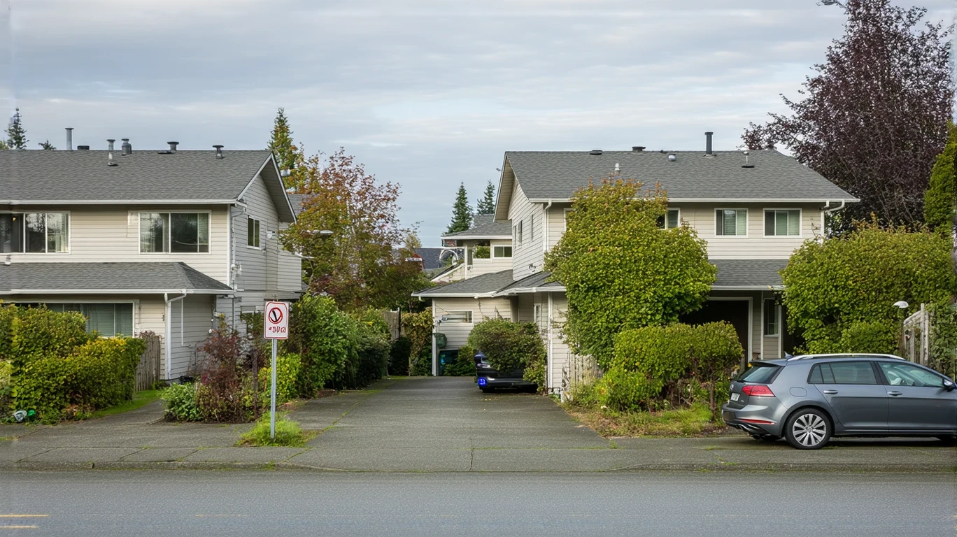 A residential street corner in Federal Way, WA with modest homes and a parked car.
