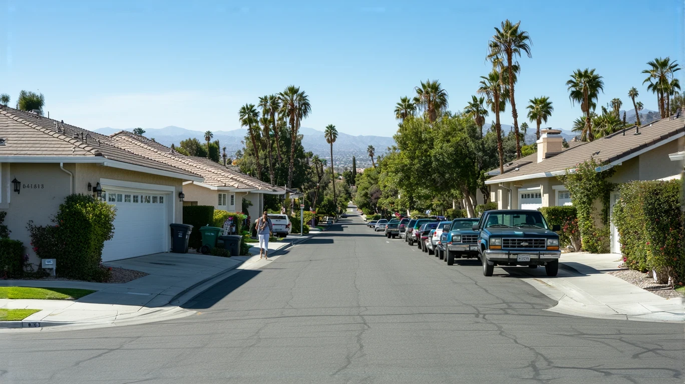 A sunny residential street in Escondido, California with modest single-family homes, tidy front yards, parked cars, and a few people visible.