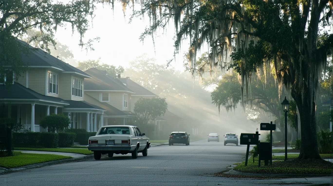 A foggy morning street in a Maitland, Florida neighborhood with homes, mailboxes, and a parked car under a maple tree.