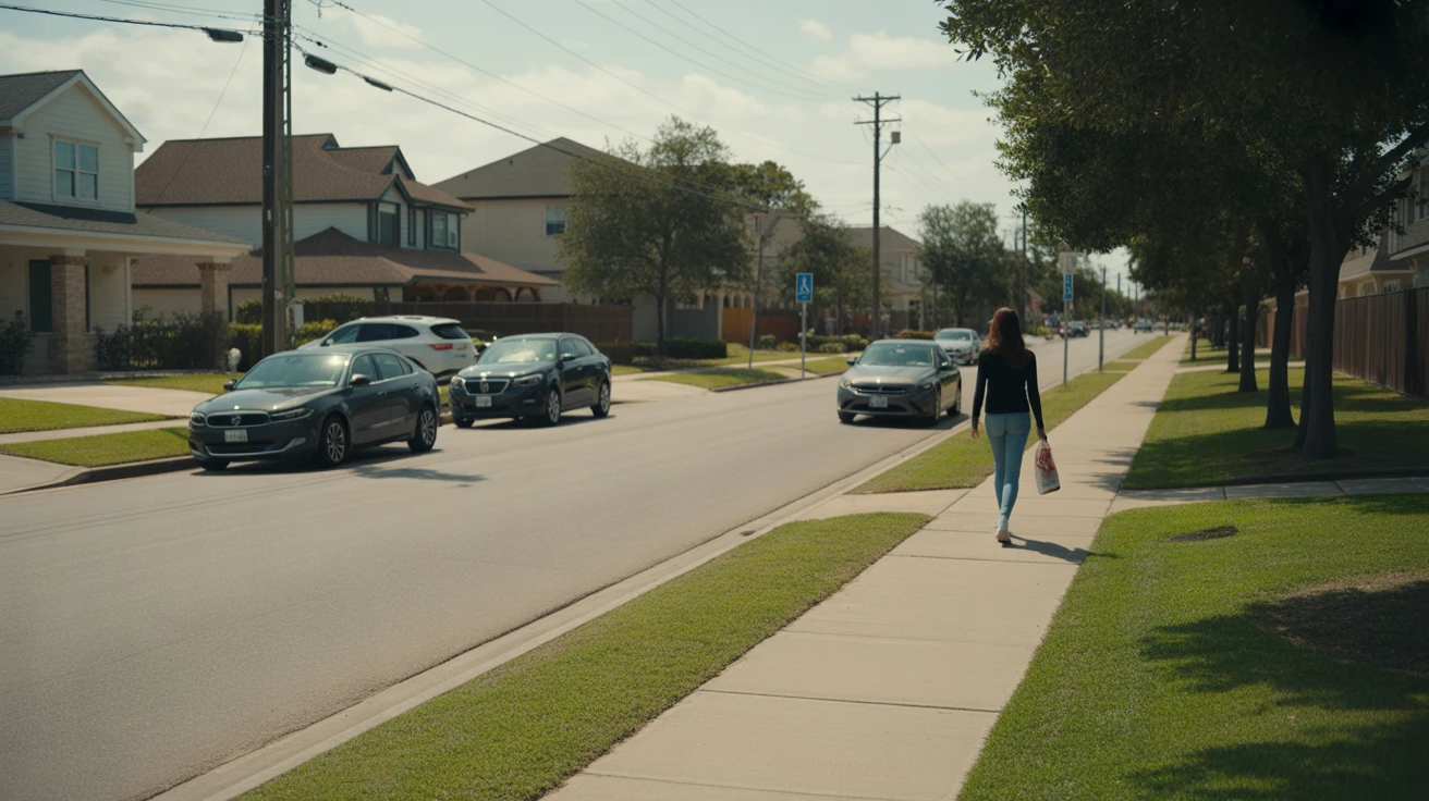 A quiet residential street in Cypress, Texas with modern homes, parked cars, and a person walking on the sidewalk.