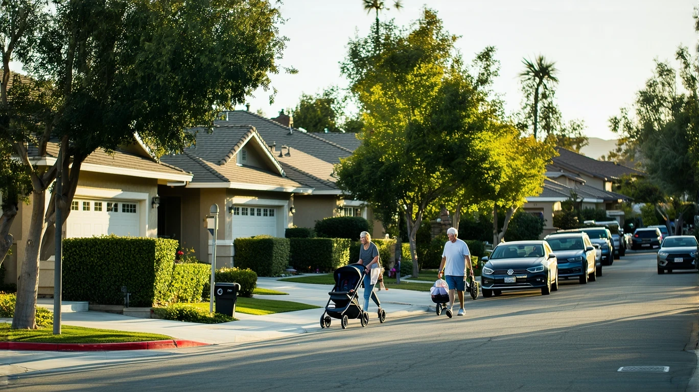A sunny residential street in Poway, California with modest homes, parked cars, and two residents outside.