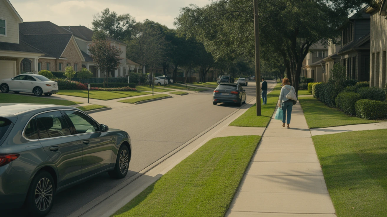 A quiet suburban street in Cypress, TX with modern homes, parked cars, and a resident walking on the sidewalk.