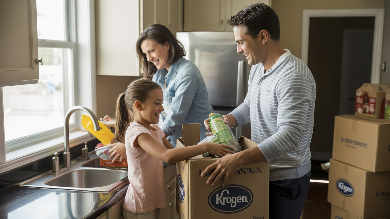 Family unpacking groceries in the kitchen of their new home in Fern Creek, Kentucky