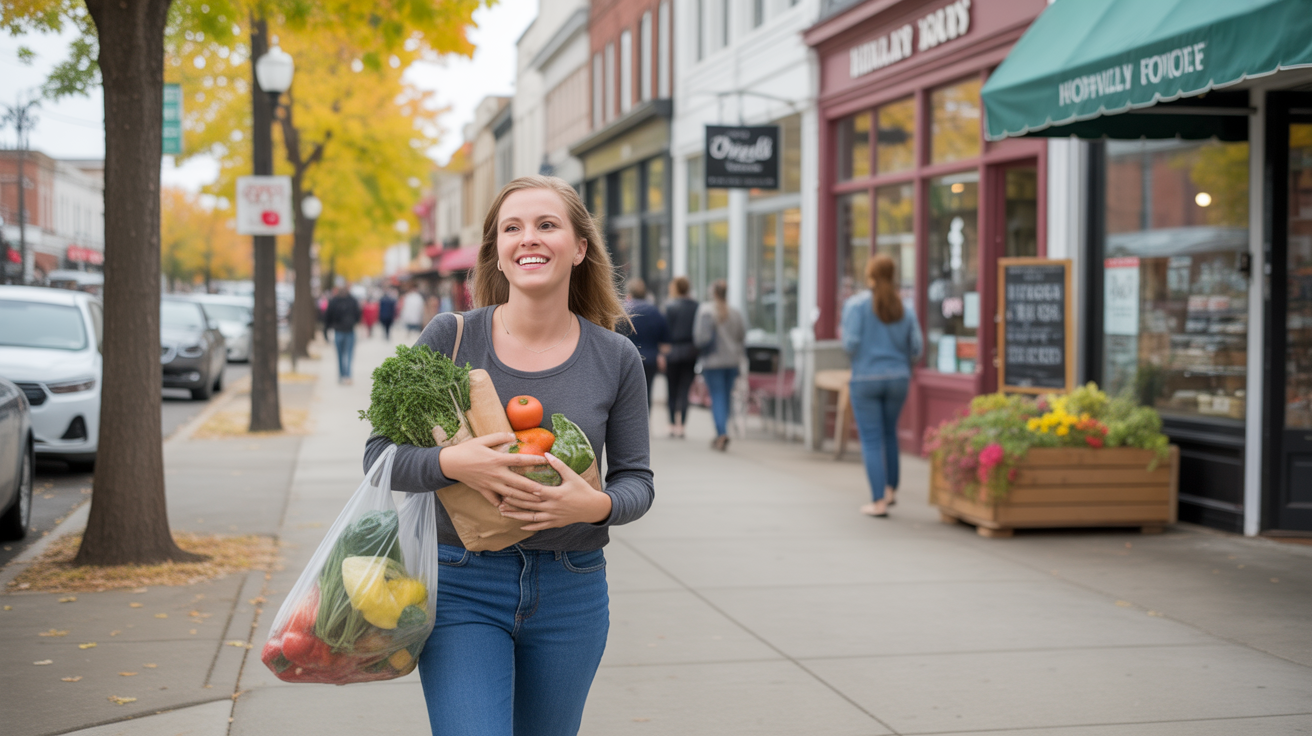 Woman walking down a lively street in the Highlands neighborhood of Louisville with a grocery bag