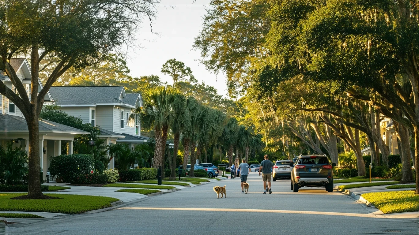 A sunny residential street in Clearwater, Florida with craftsman-style homes, manicured lawns, and a couple walking their dog on the sidewalk.