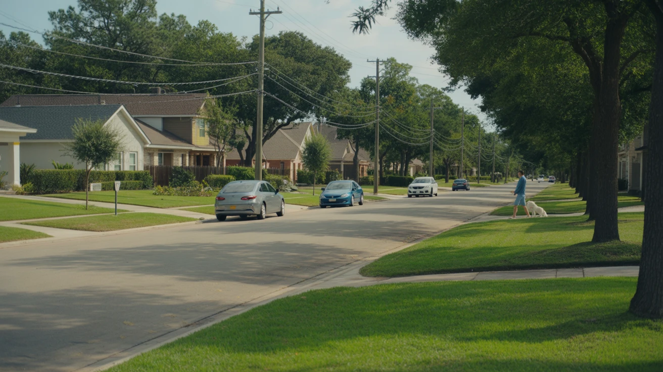 A sunny suburban street in Cypress, Texas lined with modern single-family homes and well-maintained lawns.