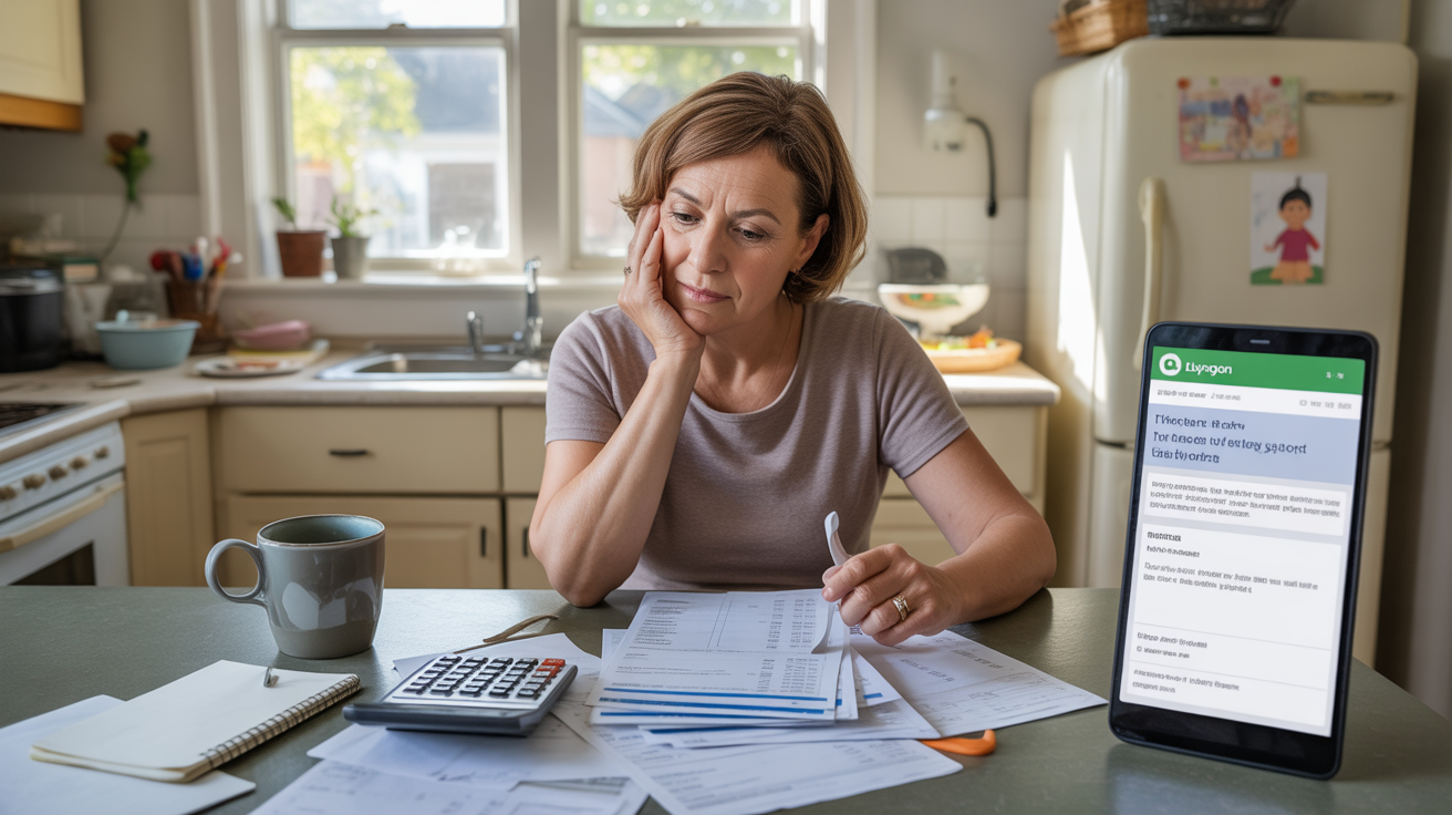 Woman reviewing utility bills and energy saving programs at kitchen table in Lyndon home