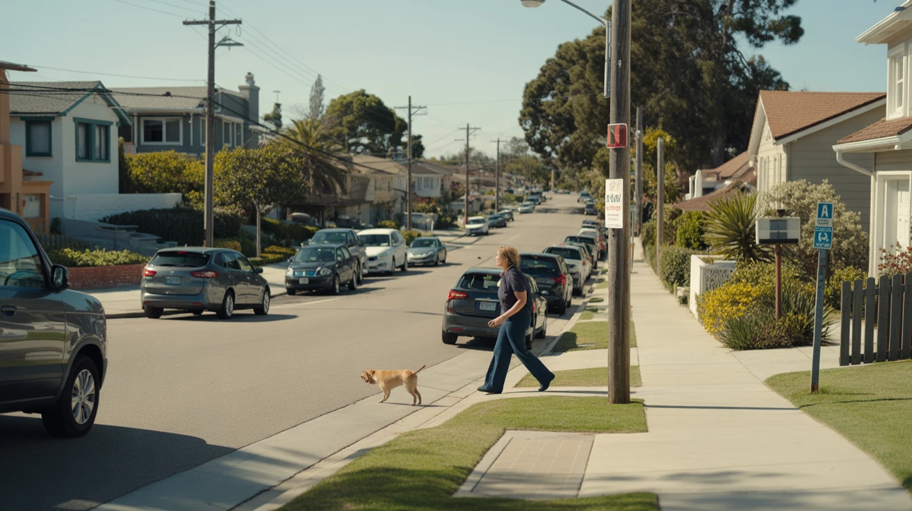 A person walking their dog on a sidewalk in a sunny San Diego neighborhood with parked cars and modern homes.