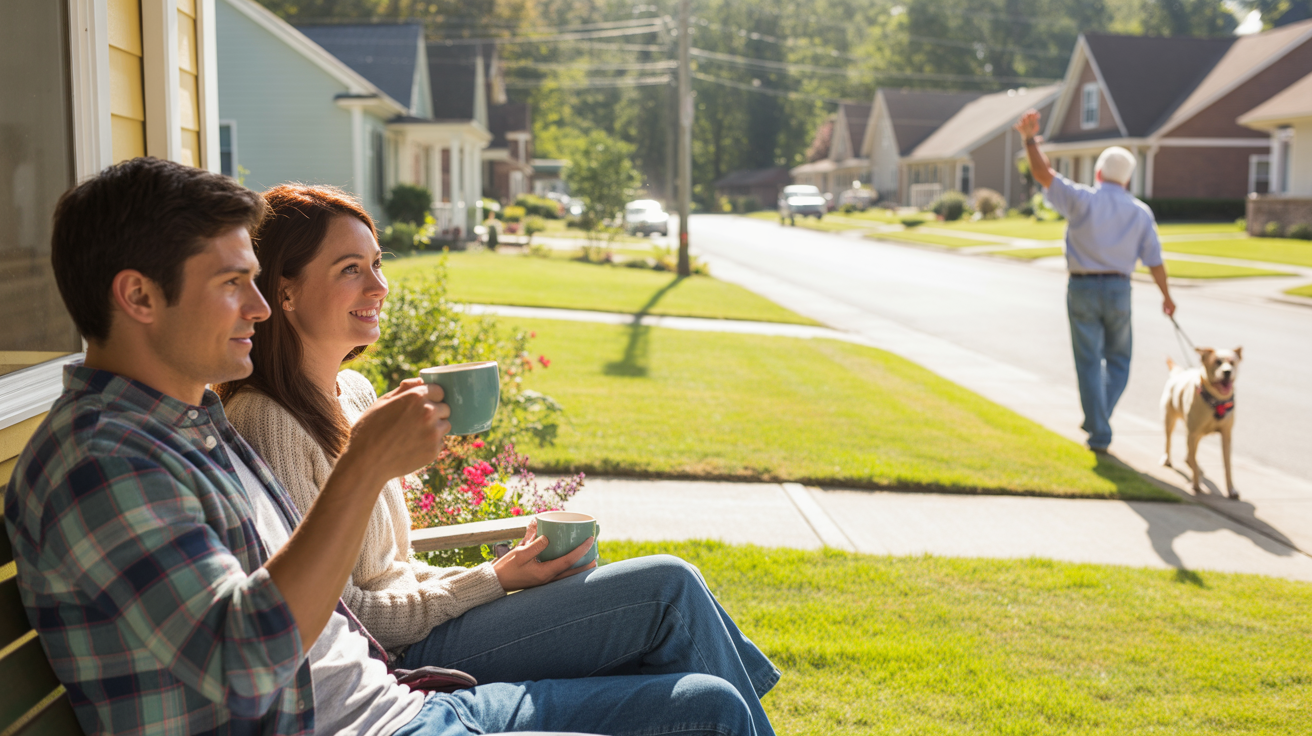 Couple relaxing on front porch of suburban home in Indian Trail, NC at sunset