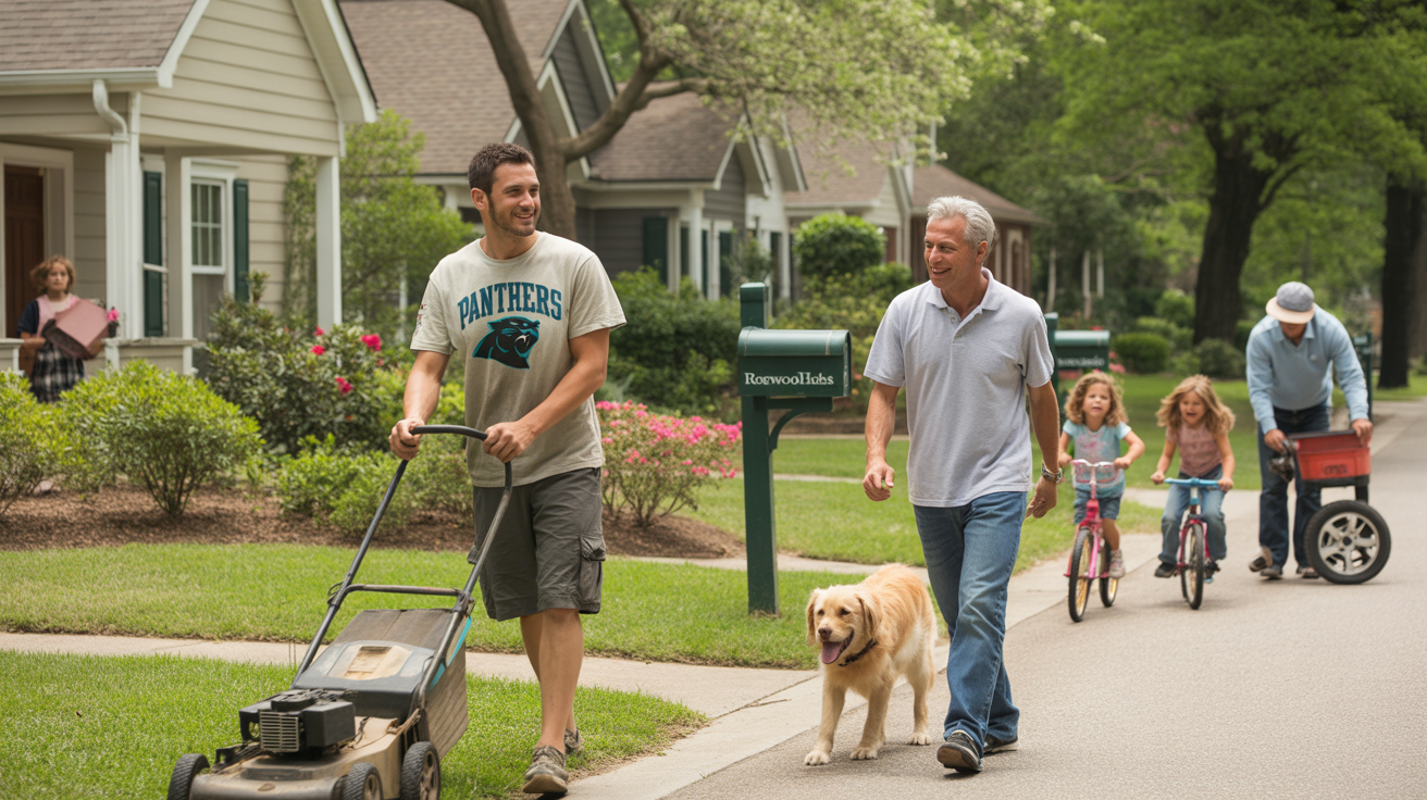Neighbors wave to each other while doing yardwork and walking dogs on a sunny spring morning in their Matthews neighborhood.
