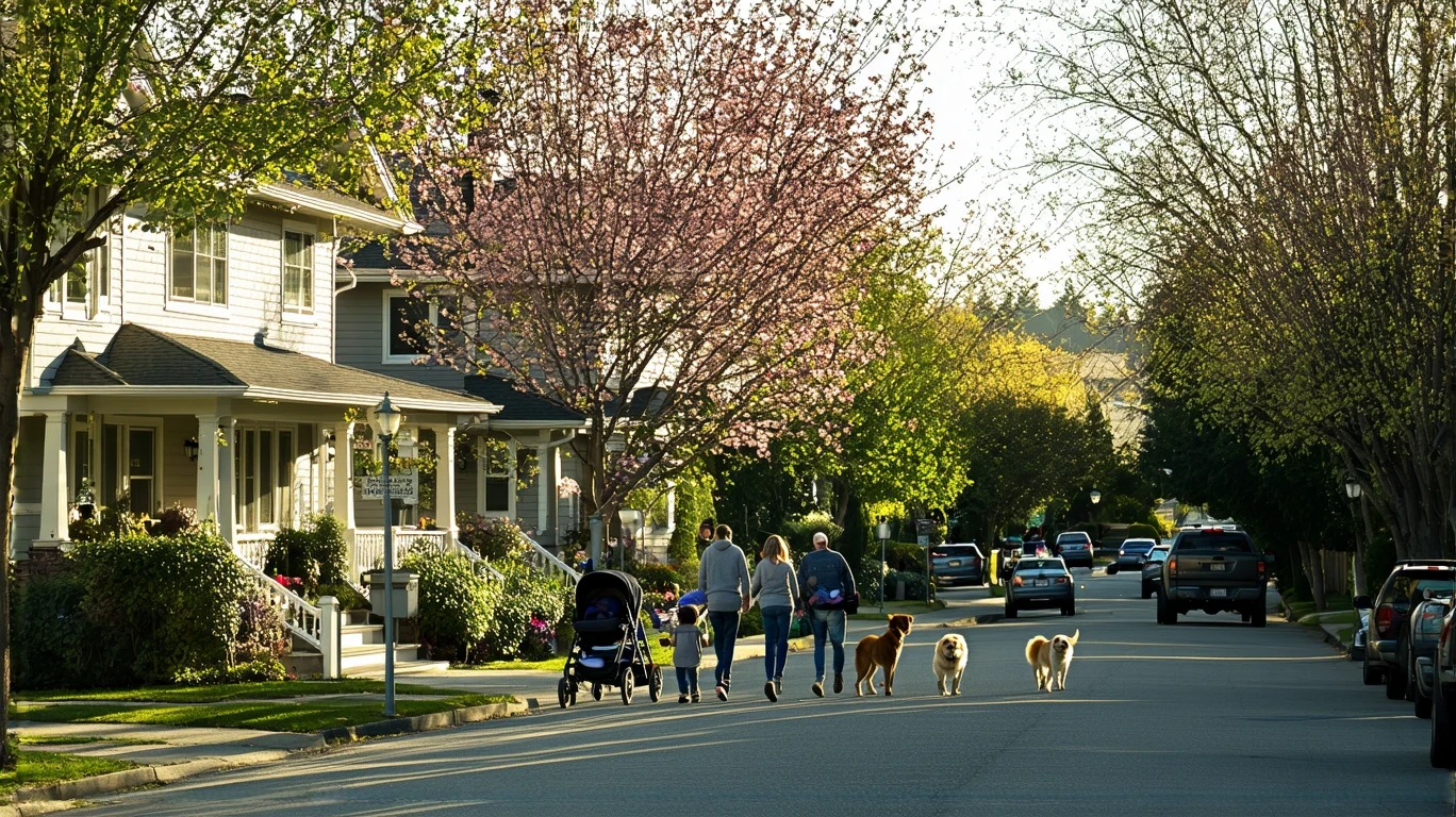 A quiet suburban street in Everett, Washington with craftsman homes, a young family walking, and an older couple on their porch.