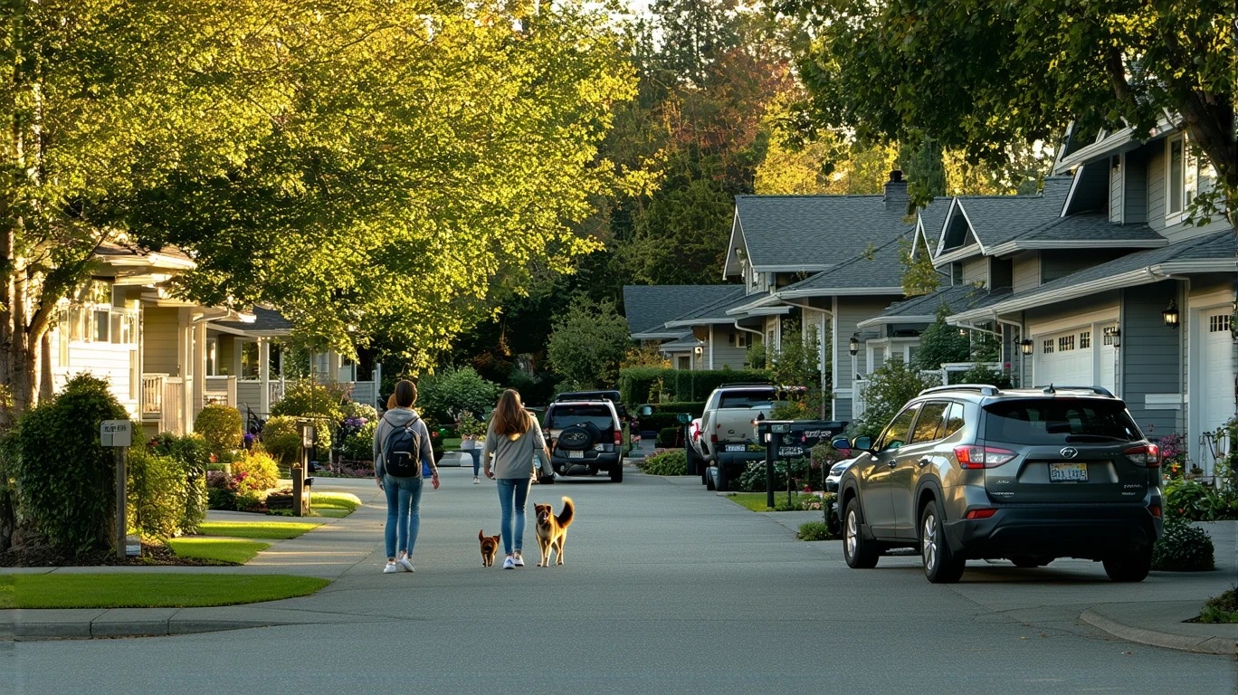 A tree-lined residential street in Kirkland, Washington with craftsman-style homes and a couple walking their dog on the sidewalk.