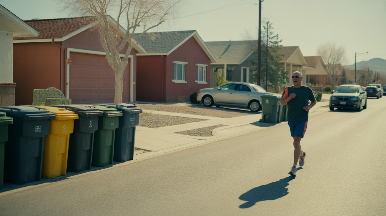 A man jogging past red-brick houses with trash bins lined up along the curb on a quiet morning in Boulder City, Nevada.