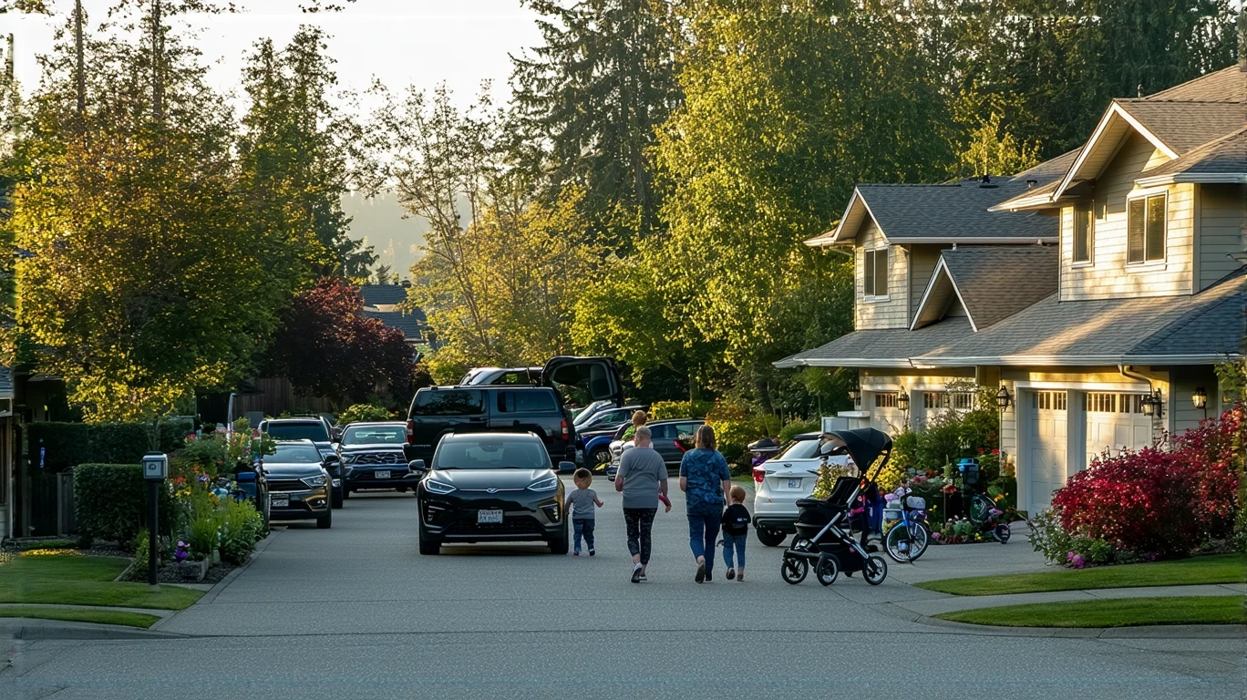 A family walking down a sidewalk in a quiet Sammamish neighborhood with craftsman-style homes and an electric vehicle charging in a driveway.