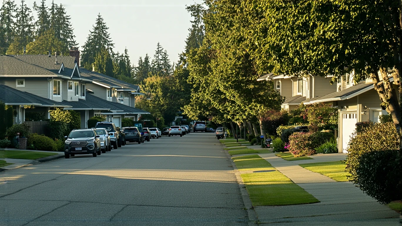 A quiet suburban street in Shoreline, Washington with craftsman-style homes and parked cars.