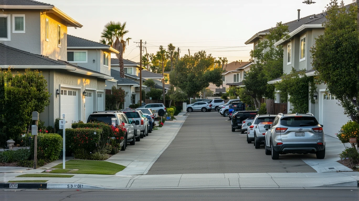 Residential street in Oceanside, California lined with single-family homes, parked cars, and small front yards.