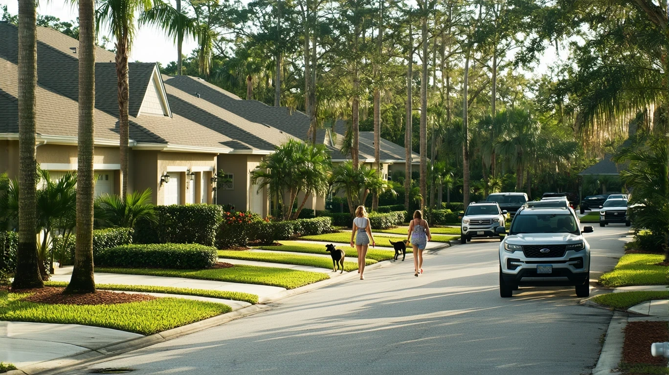 A sunny suburban street in Wesley Chapel, Florida with modest single-family homes, tidy landscaping, a woman walking her dog, and a parked SUV in a driveway.