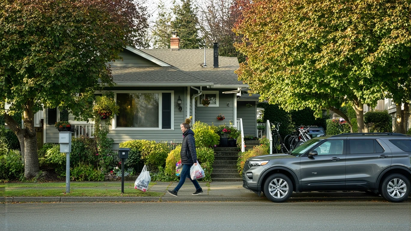 Craftsman-style home with SUV parked in driveway and person carrying groceries on sidewalk in Lynnwood, WA neighborhood.
