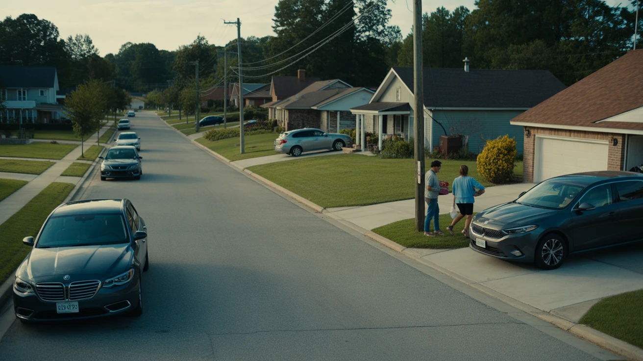 Quiet suburban street in La Vergne, Tennessee with modern homes, parked cars, and a few residents visible.