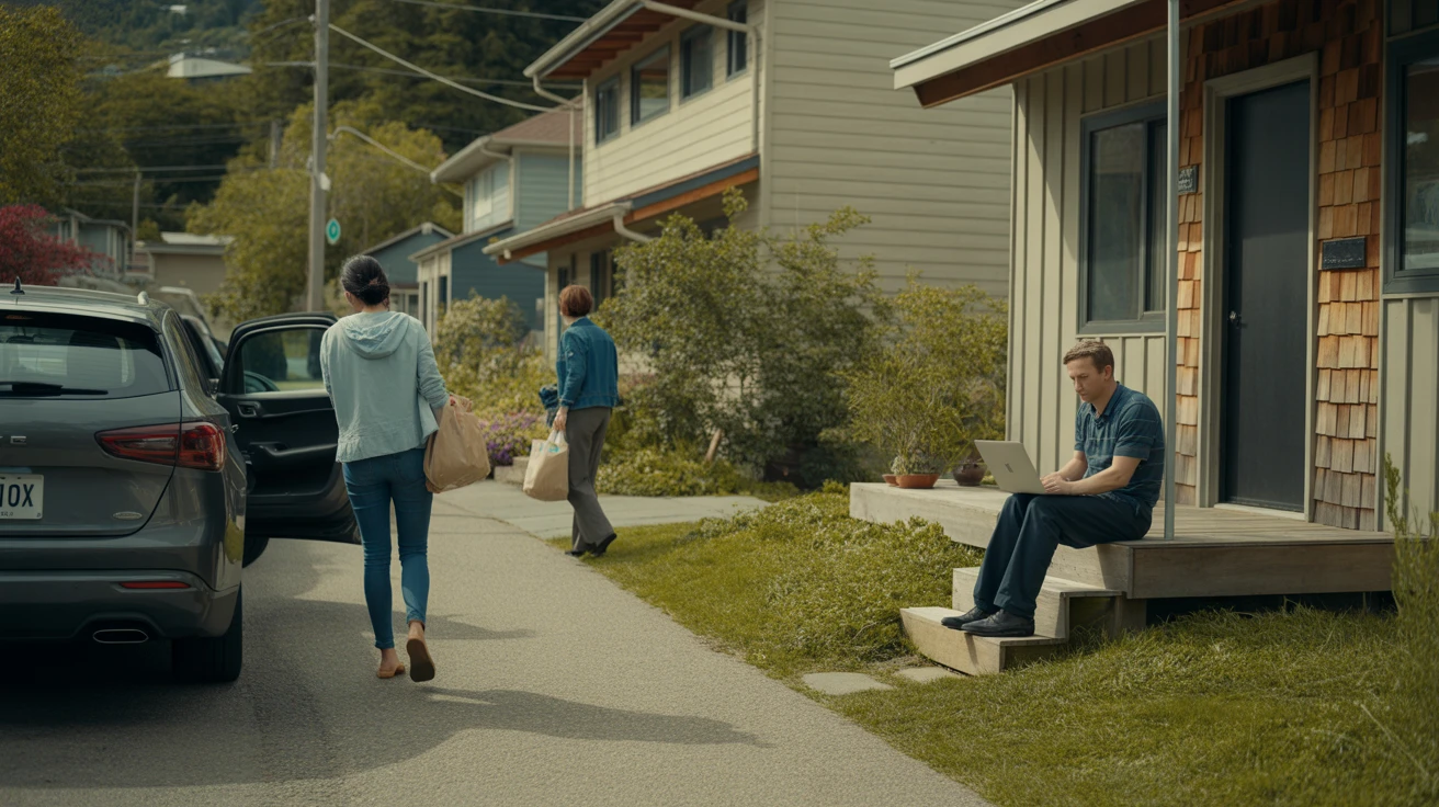 Exterior view of a modern Seattle home with a small yard, a woman carrying groceries from her parked car in the driveway.