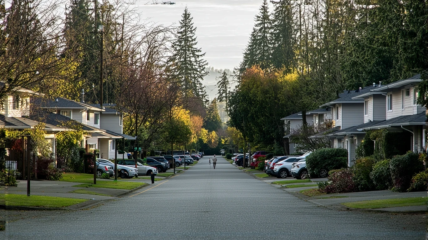 A residential street in Shoreline, WA with craftsman homes, parked cars, and a jogger on an overcast day