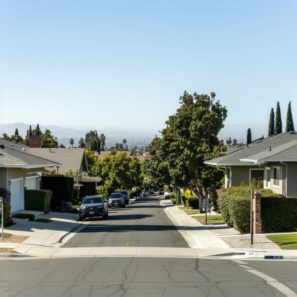 A sunny, tree-lined street in a well-kept La Mesa neighborhood, showing modest homes with drought-tolerant landscaping and a few parked cars.