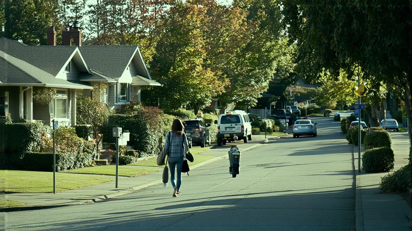 A Sound Transit bus driving past craftsman homes on a residential street in Kent, Washington