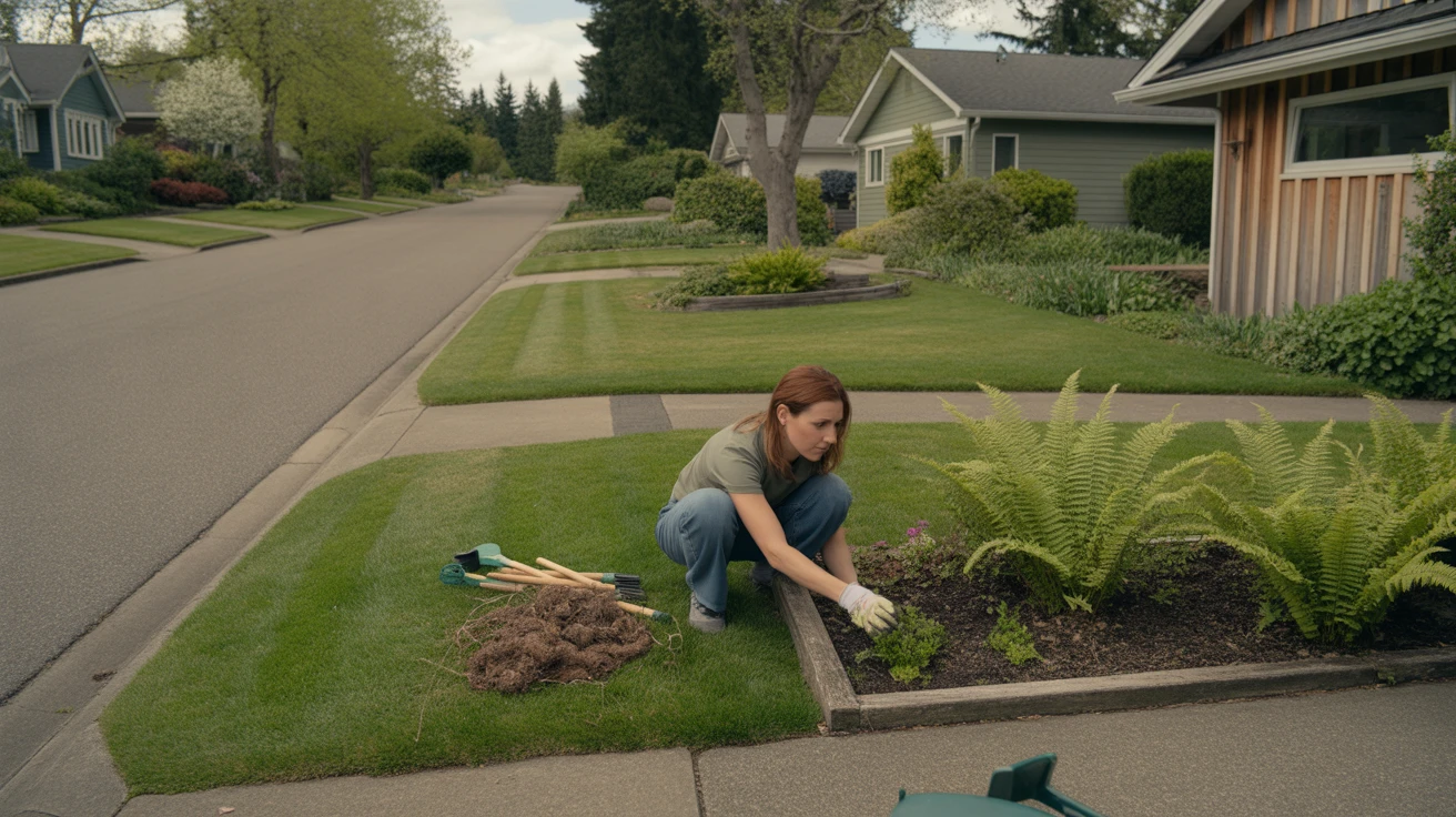 Woman gardening in the front yard of a suburban home in Bellevue, Washington