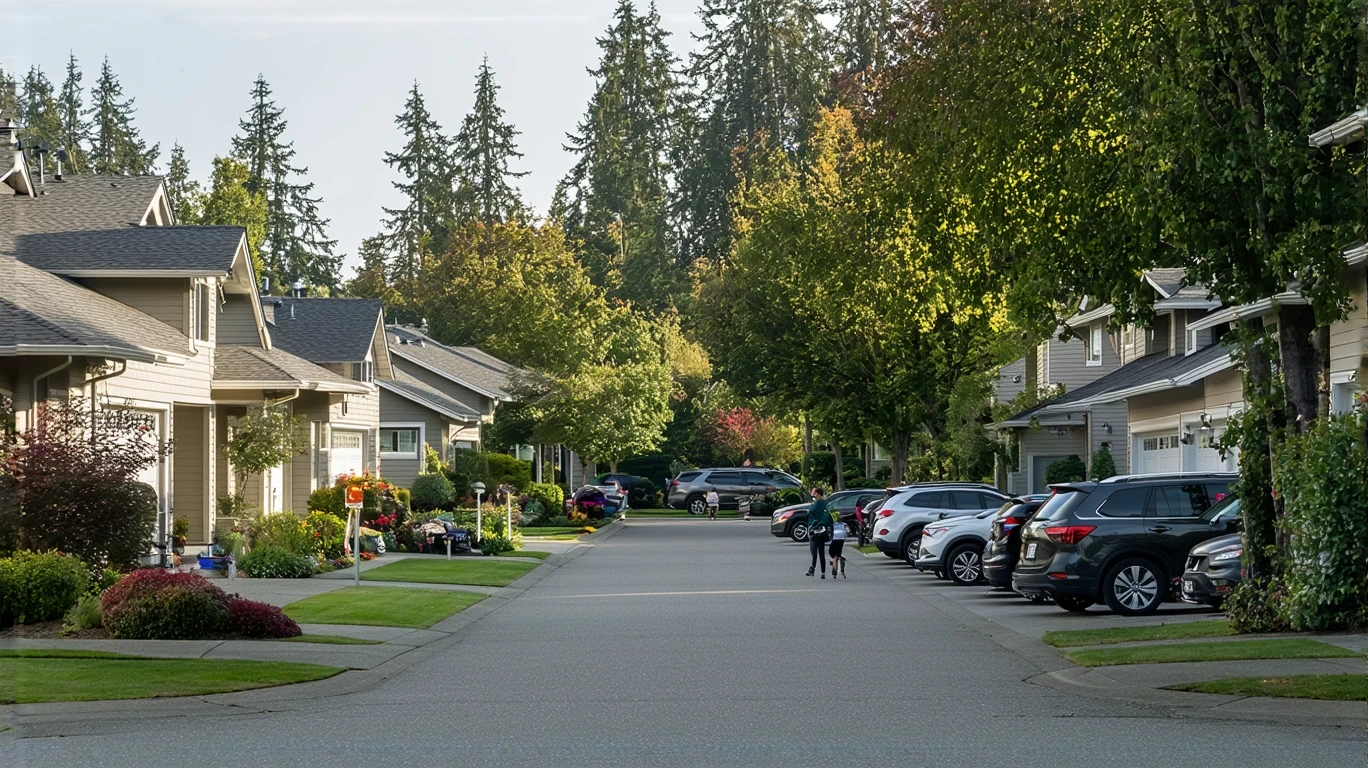 A tree-lined residential street in Lynnwood, Washington with craftsman and ranch style houses.