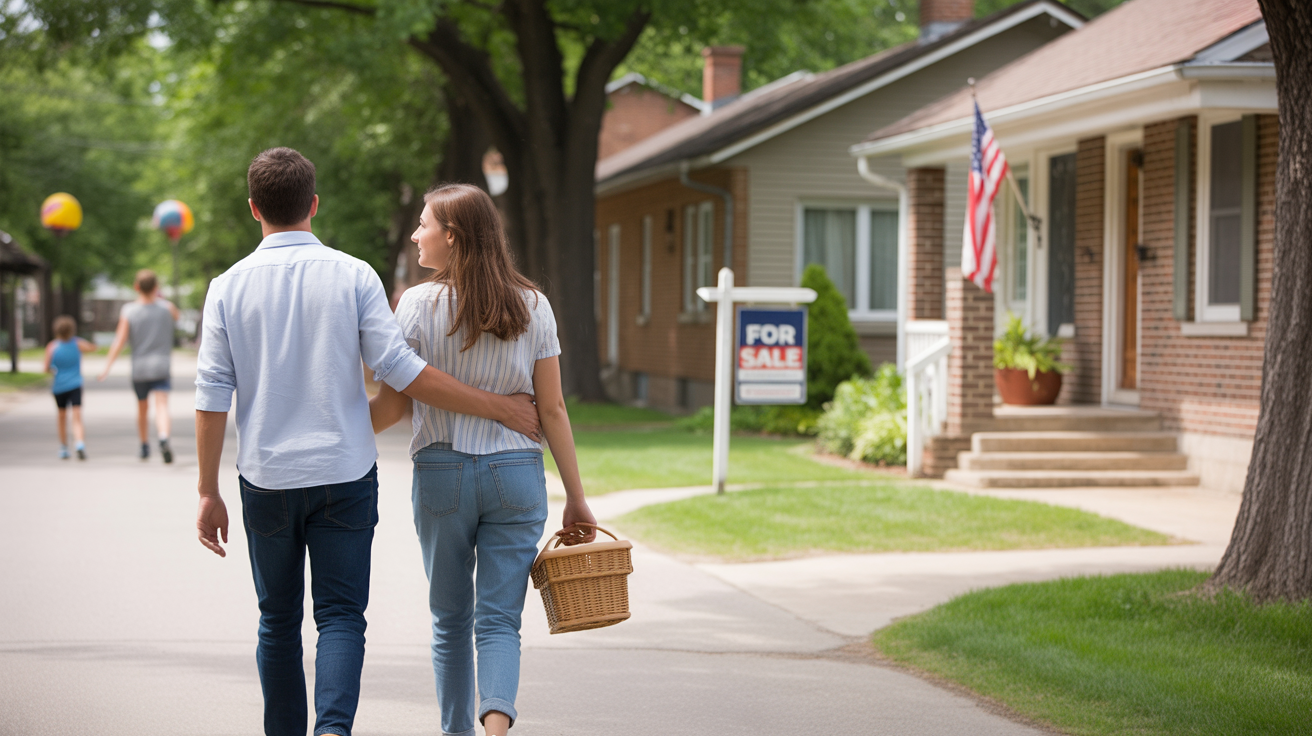 Couple admires a brick house for sale on a sunny street in Cicero, Illinois