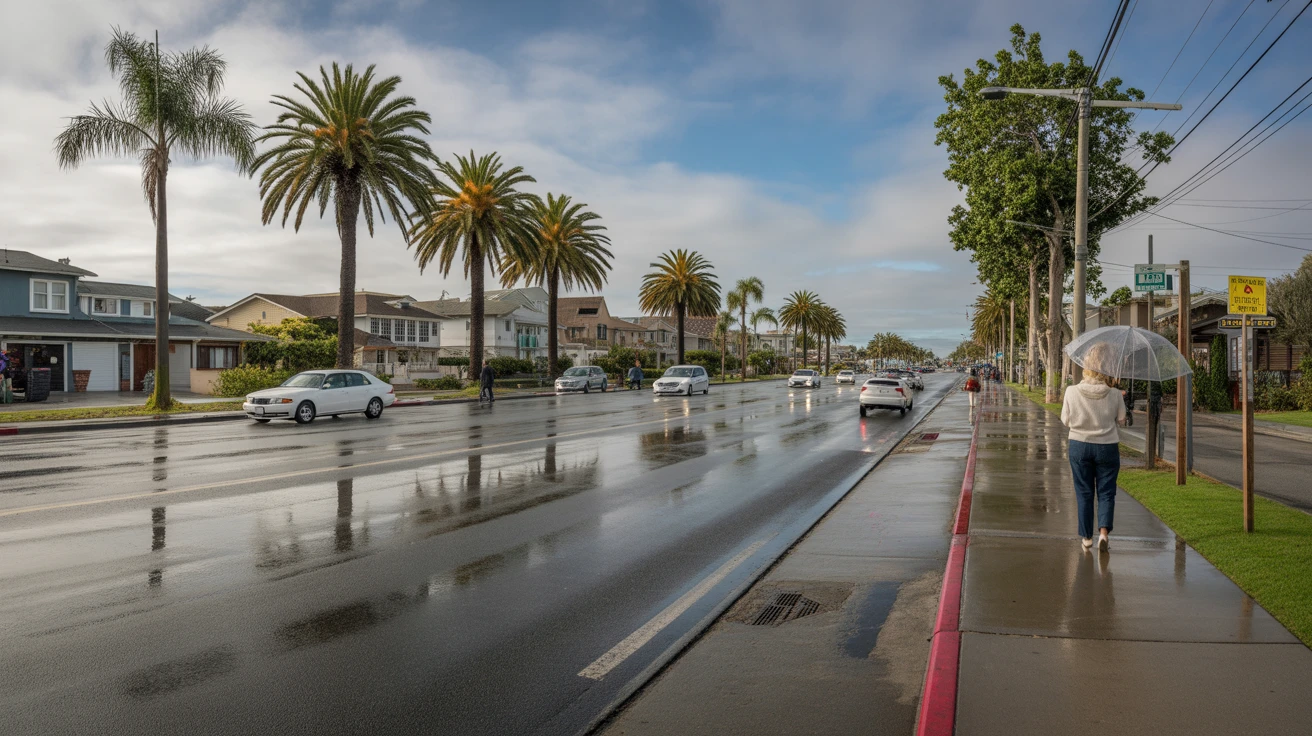 A palm-lined avenue in Oceanside, California after a passing rain shower