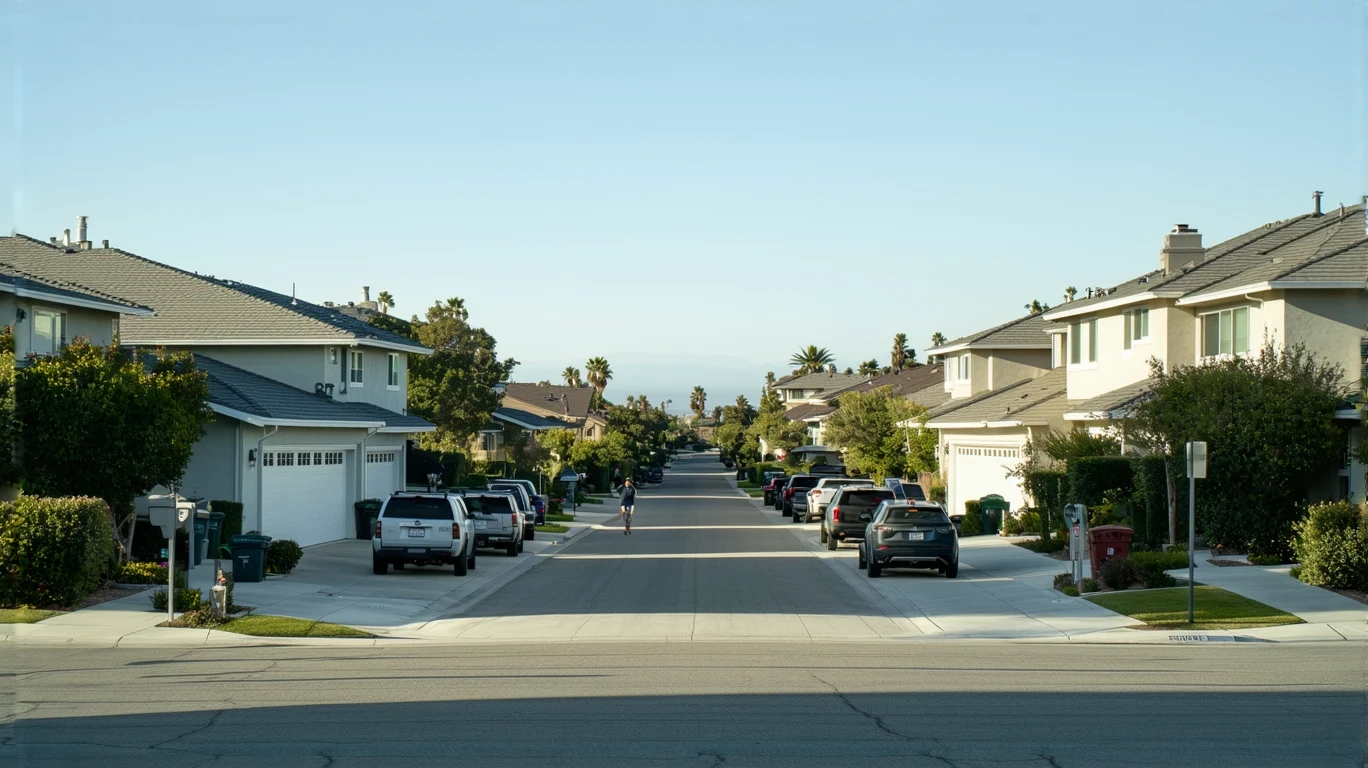 A quiet residential street in Carlsbad, CA with modern homes, tidy yards, and a young adult walking on the sidewalk.