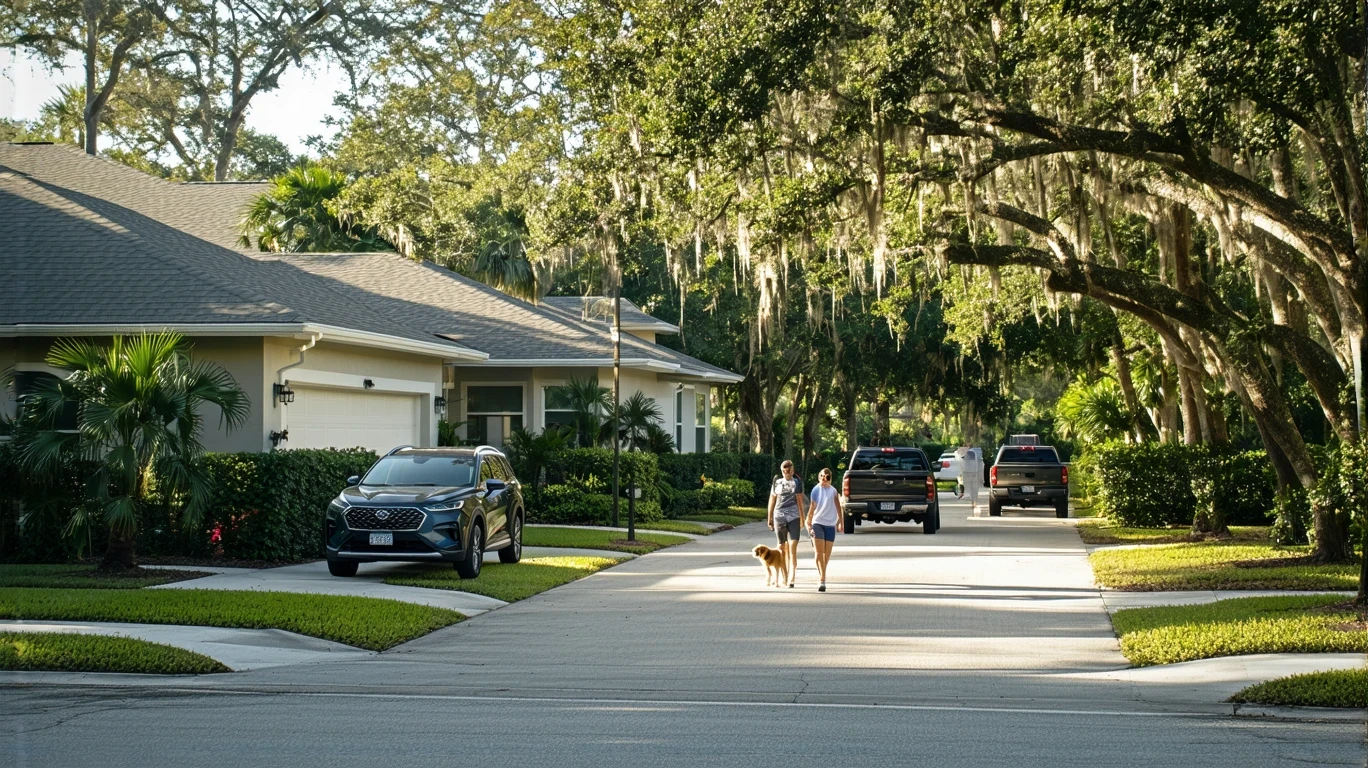 A sunny residential street in St Petersburg with craftsman homes, landscaped yards, a couple walking their dog, and a parked car in a driveway.