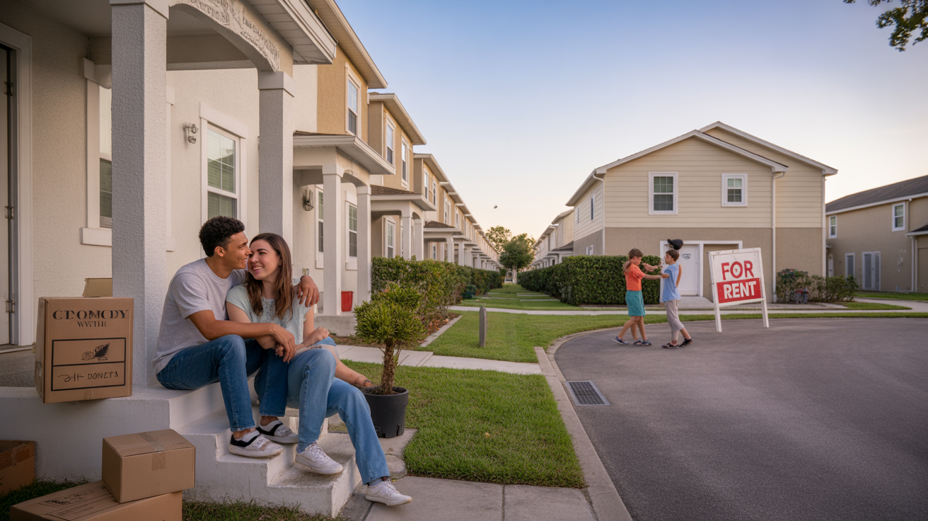 A couple sits on the steps of their new townhome in Plant City, FL