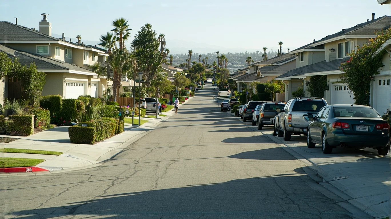 A sunny residential street in Oceanside with modern homes and apartments, parked cars, and a few people walking.
